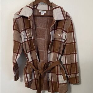 cupcakes & cashmere Plaid Belted Sweater - Brown and Cream